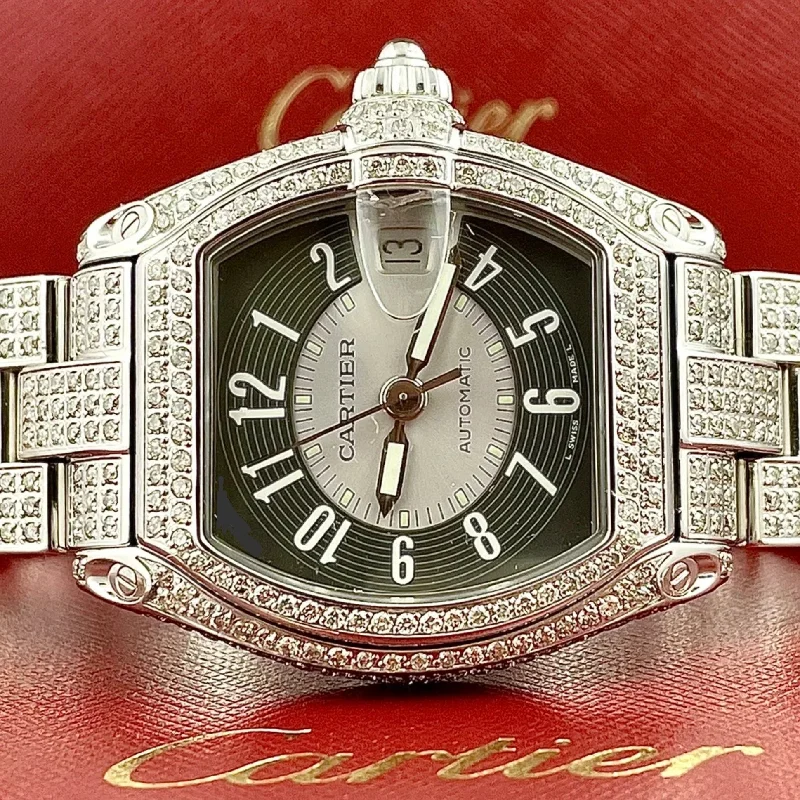 CARTIER ROADSTER 2510 Automatic 38mm Steel ~7TCW Full DIAMOND Watch