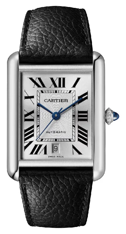 Cartier Tank Must Extra-Large Automatic Stainless Steel Silver Dial Black Leather Strap Date Mens Watch WSTA0040