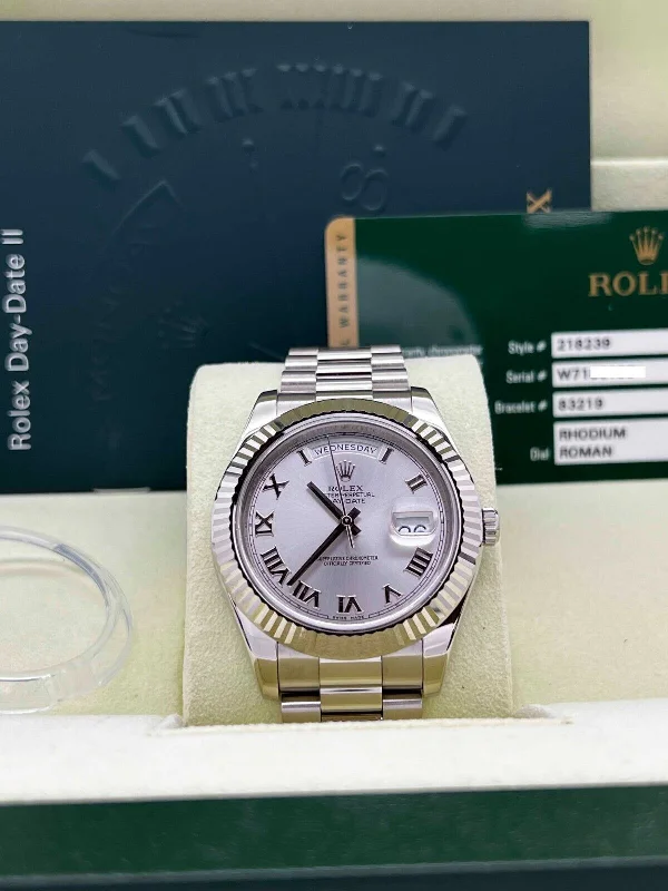 Rolex 218239 President Day Date II 41mm Silver Dial 18K White Gold Box Paper