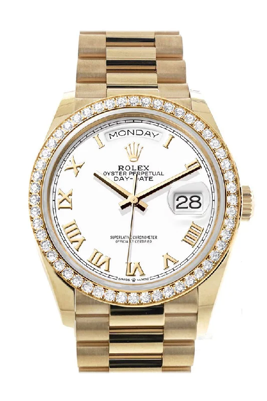 Rolex Day-Date 36 White Roman Dial Gold Diamond Bezel Watch 128348RBR-0042 128348RBR