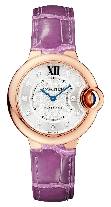 Cartier Ballon Bleu Automatic 18K Rose Gold Silver-Tone Dial Diamonds Purple Leather Strap Womens Watch WE902063