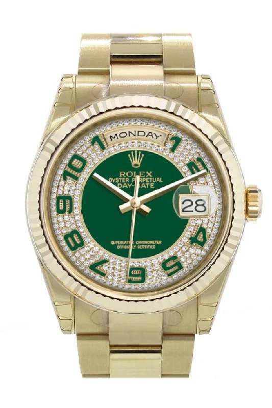 Rolex Day-Date 36 Green diamond paved Dial Fluted Bezel Yellow Gold Watch 118238