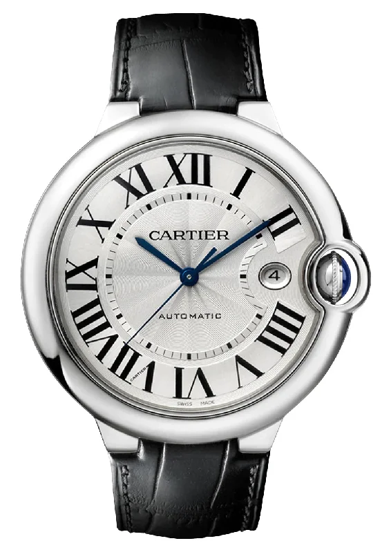 Cartier Ballon Bleu Automatic Stainless Steel Silver-Tone Dial Black Leather Strap Date Mens Watch W69016Z4