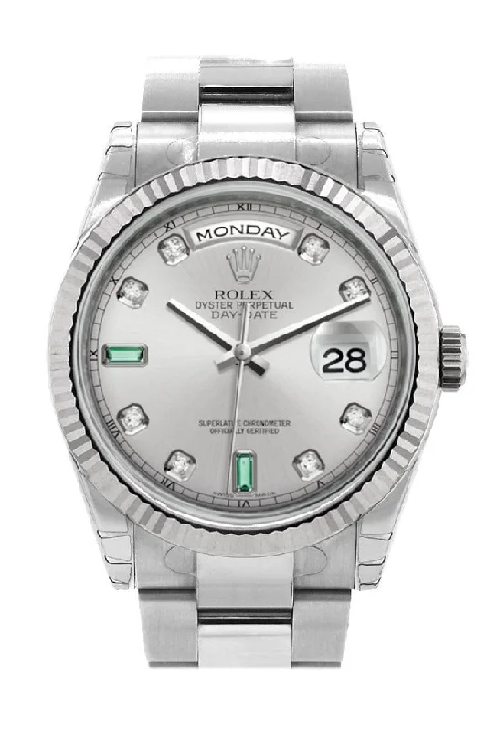 Rolex Day-Date 36 Rhodium set with Diamonds and emeralds Dial Fluted Bezel Oyster White Gold Watch 118239