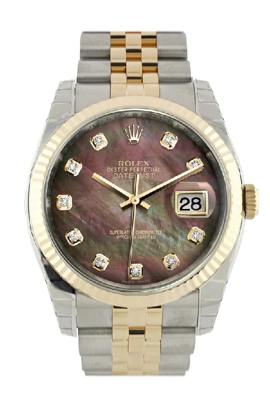 Rolex Datejust 36 Black mother-of-pearl Diamond Dial Fluted 18K Gold Two Tone Jubilee Watch 116233