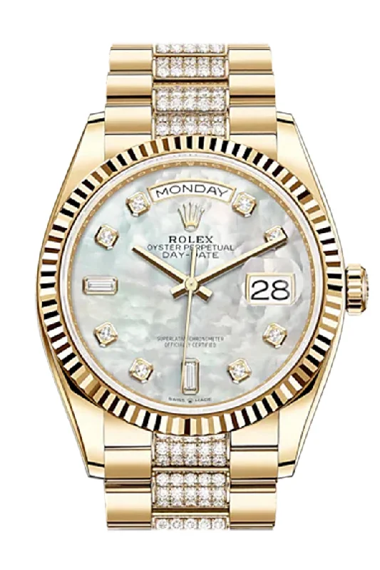 Rolex Day-Date 36 White Mother-of-Pearl Diamond Dial 18K Yellow Gold Watch Diamond set president Bracelet 128238