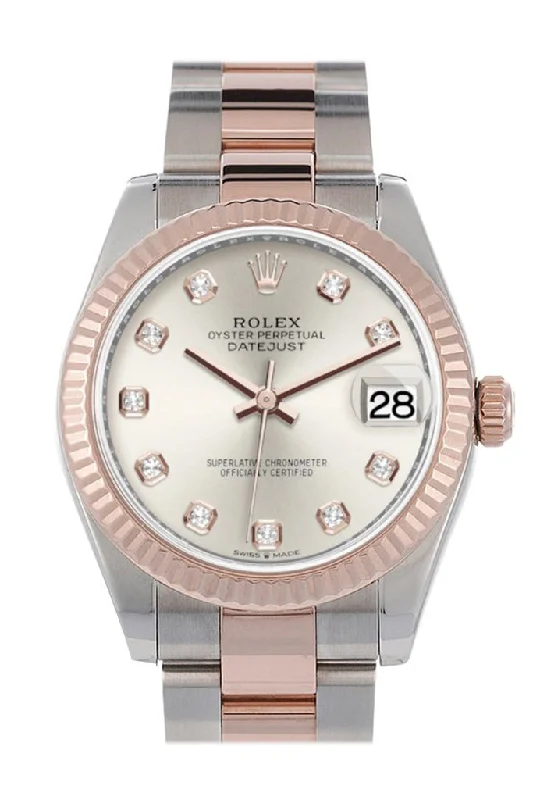 Rolex Datejust 31 Silver Diamond Dial Fluted Bezel 18K Everose Gold Two Tone Watch 278271