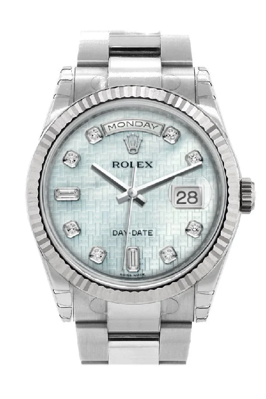 Rolex Day-Date 36 Platinum mother-of-pearl with oxford motif set with Diamonds Dial Fluted Bezel Oyster White Gold Watch 118239