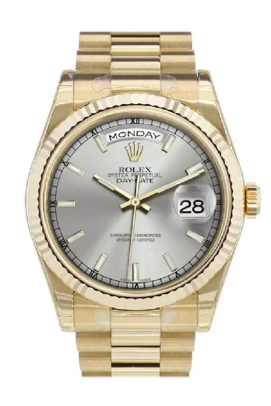 Rolex Day-Date 36 Silver Dial Fluted Bezel President Yellow Gold Watch 118238