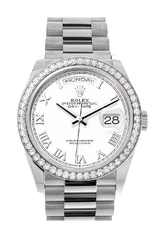 Rolex Day-Date 36 White Dial Diamond Bezel White Gold President Watch 128349RBR