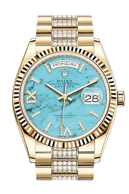 Rolex Day-Date 36 Turquoise Dial 18K Yellow Gold Watch Diamond set president Bracelet 128238