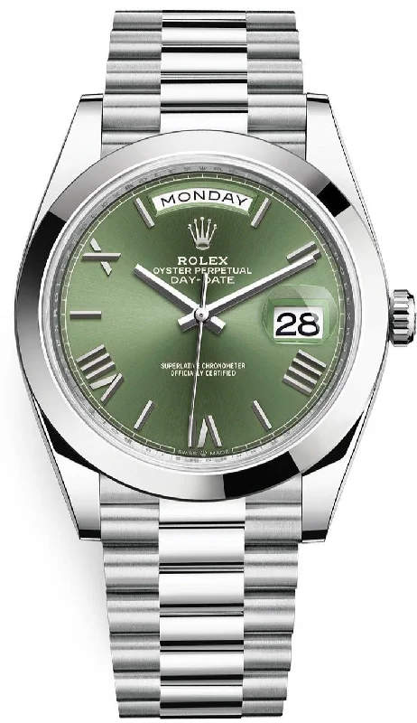 Rolex 950 Platinum Day-Date 40 Watch - Smooth Bezel - Olive Green Bevelled Roman Dial - President Bracelet (Ref # 228206)