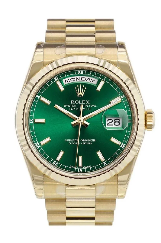 Rolex Day-Date 36 Green Dial Fluted Bezel President Yellow Gold Watch 118238