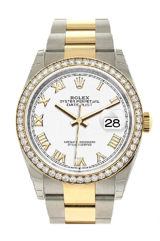 Rolex Datejust 36 White Roman Dial Diamond Bezel Oyster Yellow Gold Two Tone Watch 126283RBR 126283 NP