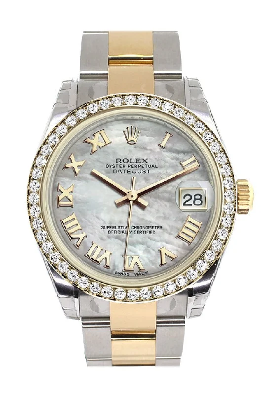 Rolex Datejust 31 White mother-of-pearl Roman Dial Diamond Bezel Yellow Gold Two Tone Watch 178383