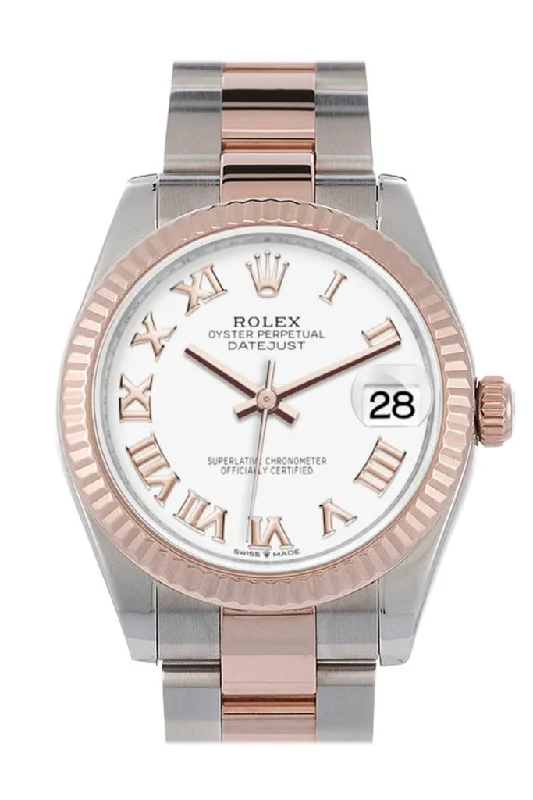 Rolex Datejust 31 White Roman Dial Fluted Bezel 18K Everose Gold Two Tone Watch 278271