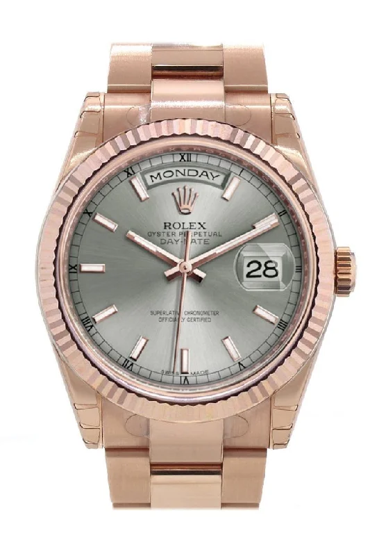 Rolex Day-Date 36 Rhodium Dial Fluted Bezel Oyster Everose Gold Watch 118235