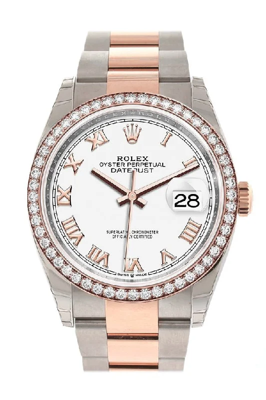 Rolex Datejust 36 White Roman Dial Diamond Bezel Rose Gold Two Tone Watch 126281RBR 126281 NP