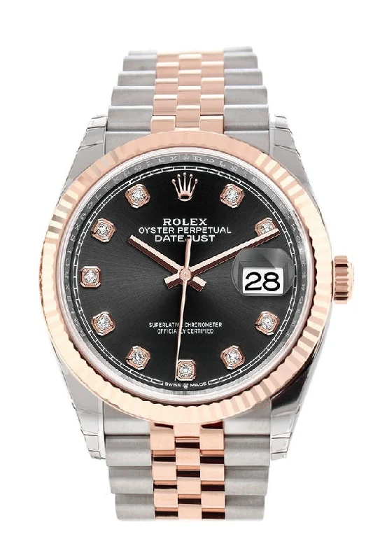 Rolex Datejust 36 Black set with diamonds Dial Fluted Rose Gold Two Tone Jubilee Watch 126231 NP