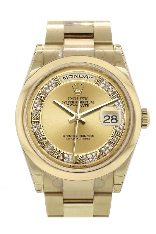 Rolex Day-Date 36 Champagne Diamonds Roman Dial Yellow Gold Watch 118208