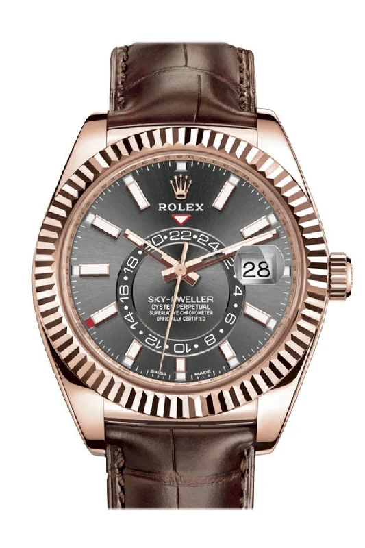 Rolex Sky Dweller Dark Rhodium Dial 18k Rose Gold Brown Leather Strap Men's Watch 326135