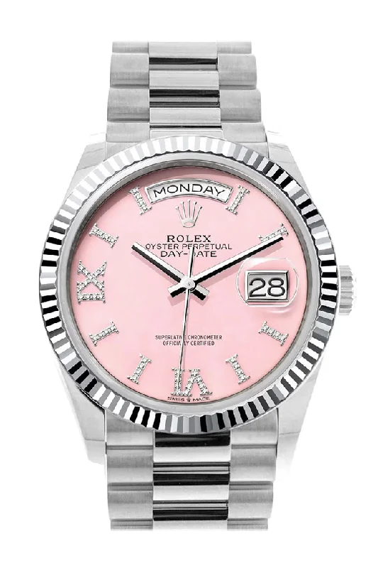 Rolex Day-Date 36 Pink Opal Diamond Dial Fluted Bezel Platinum President Watch 128236