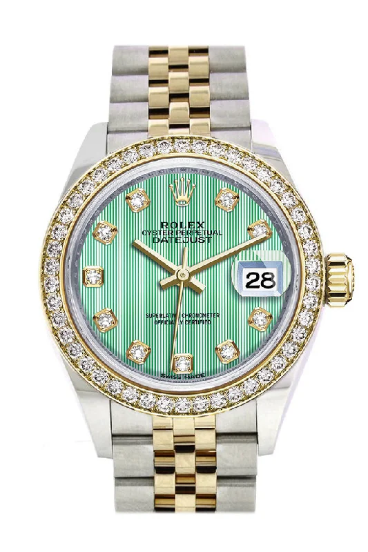 Rolex Datejust 28 Mint Green set with diamonds Dial Diamond Bezel Yellow Gold Jubilee Ladies Watch 279383RBR 279383