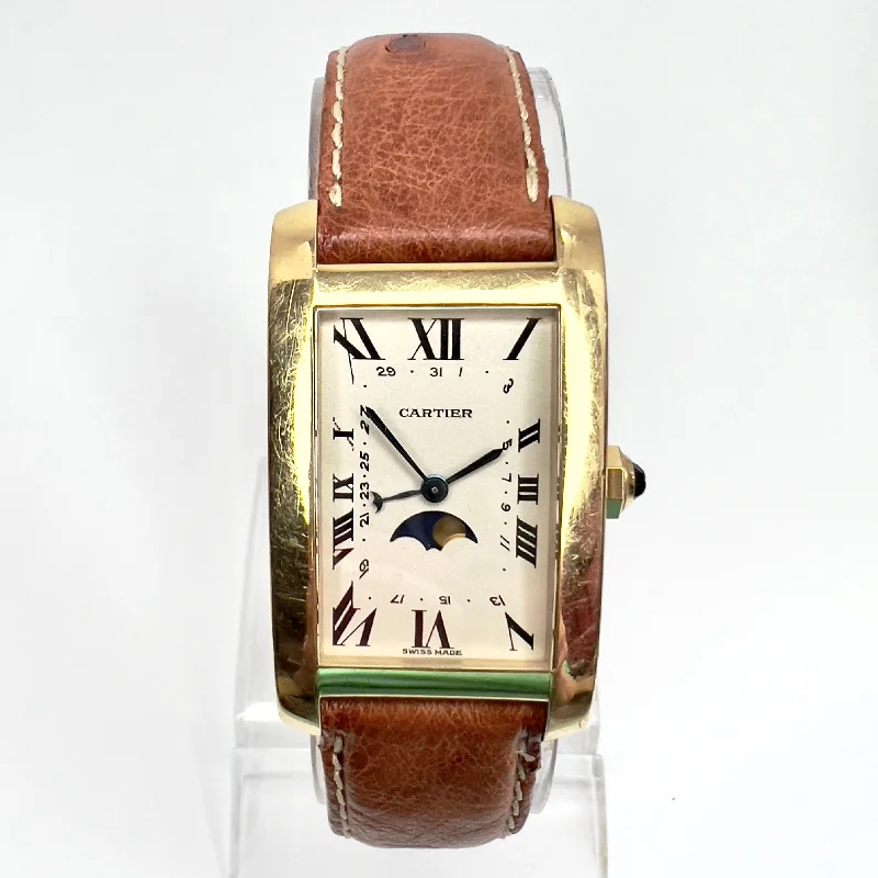 CARTIER TANK AMERICAINE Quartz 18K Yellow Gold Moon Phase Watch