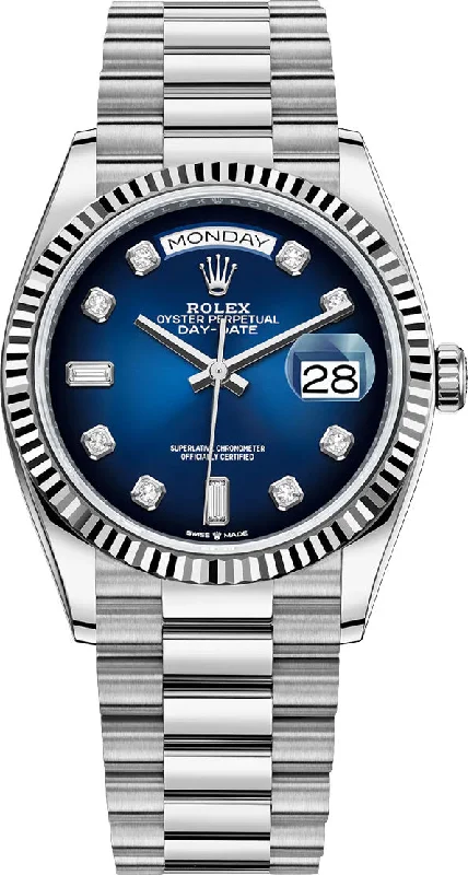 Rolex White Gold Day-Date 36 Watch - Fluted Bezel - Blue Ombre´ Diamond Dial - President Bracelet (Ref # 128239)