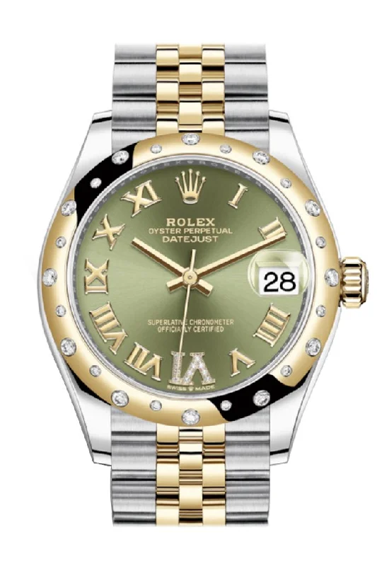 Rolex Datejust 31 Olive green Large VI diamonds Dial Diamond Bezel Jubilee Yellow Gold Two Tone Watch 278343RBR 278343 NP