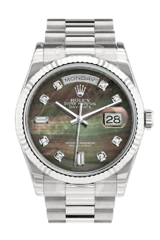 Rolex Day-Date 36 Black mother-of-pearl set with Diamonds Dial Fluted Bezel President White Gold Watch 118239