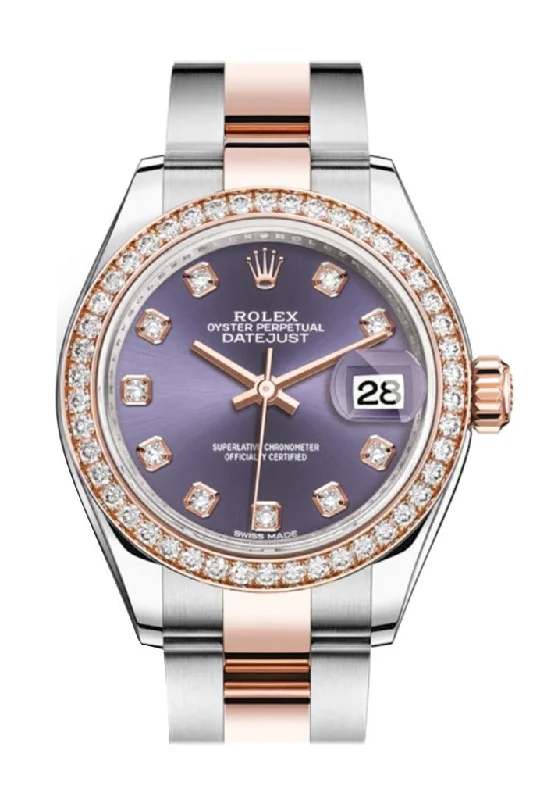 Rolex Datejust 28 Aubergine Diamonds Dial Diamond Bezel Rose Gold Two Tone Watch 279381RBR 279381