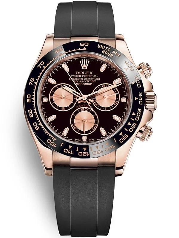 Rolex Rose Gold Daytona 40 Watch - Black Index Dial - Black Oysterflex Strap Reference Reference #116515ln