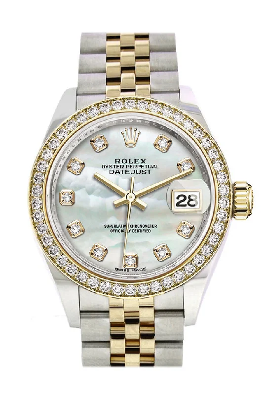 Rolex Datejust 28 White mother-of-pearl set with diamonds Dial Diamond Bezel Yellow Gold Jubilee Ladies Watch 279383RBR 279383