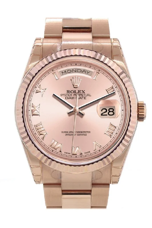 Rolex Day-Date 36 Pink Roman Dial Fluted Bezel Oyster Everose Gold Watch 118235