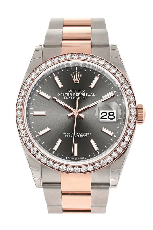 Rolex Datejust 36 Dark Rhodium Dial Diamond Bezel Rose Gold Two Tone Watch 126281RBR 126281 NP