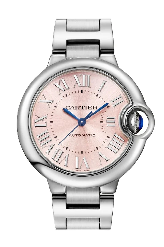 Cartier Ballon Bleu de Cartier Watch 33 mm Steel Case Fluted Steel Crown Set With A Synthetic Cabochon-Shaped Spinel Pink Sunray Dial WSBB0068