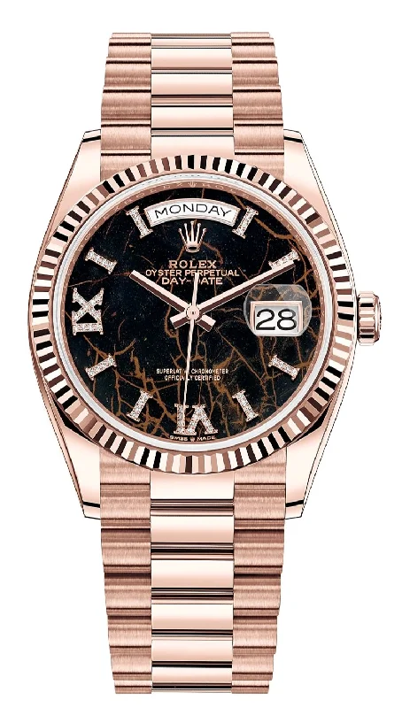 Rolex Everose Gold Day-Date 36 Watch - Fluted Bezel - Eisenkiesel Diamond Dial - President Bracelet (Ref # 128235)