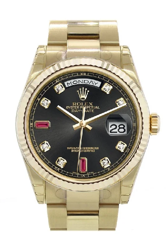 Rolex Day-Date 36 Black set with diamonds and rubies Dial Fluted Bezel Yellow Gold Watch 118238