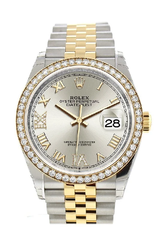 Rolex Datejust 36 Silver set with diamonds Dial Diamond Bezel Jubilee Yellow Gold Two Tone Watch 126283RBR 126283 NP