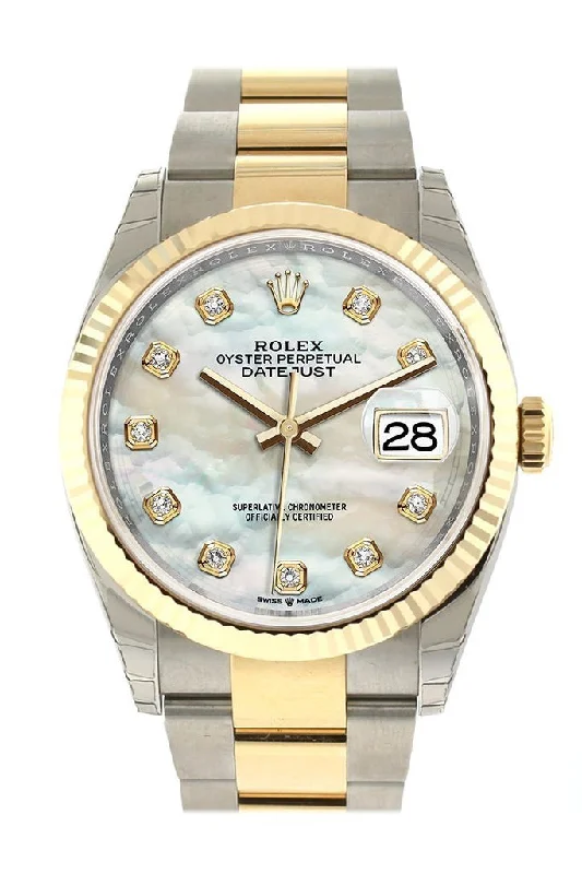 Rolex Datejust 36 White mother-of-pearl Diamonds Dial Fluted Bezel Oyster Yellow Gold Two Tone Watch 126233 NP