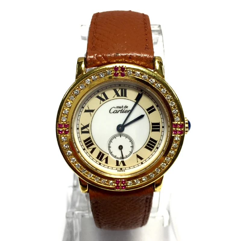 CARTIER RONDE 32mm Quartz GP Silver DIAMONDS & Red Rubies Watch