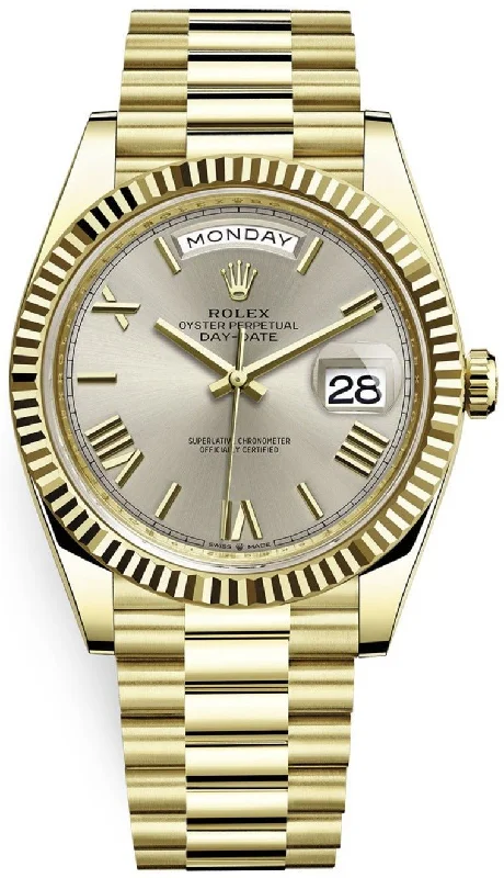 Rolex Day-Date 40 Yellow Gold Silver Roman Dial Fluted Bezel (Ref # 228238)