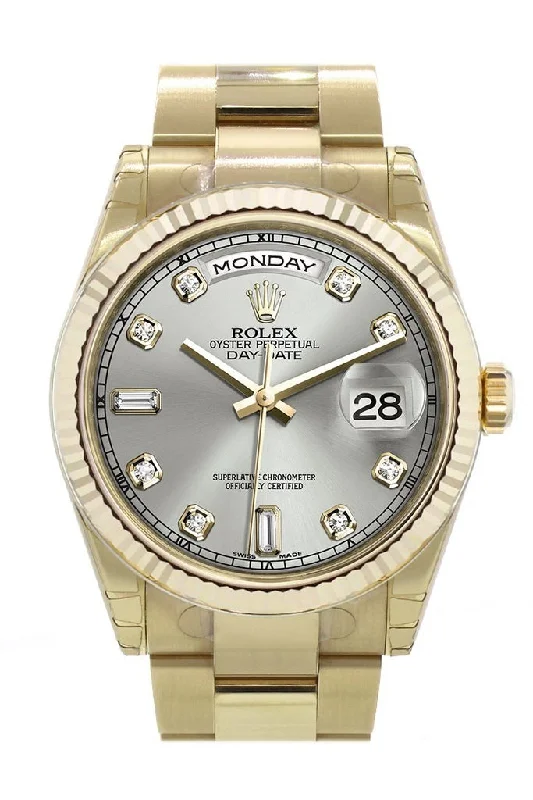 Rolex Day-Date 36 Silver set with diamonds Dial Fluted Bezel Yellow Gold Watch 118238