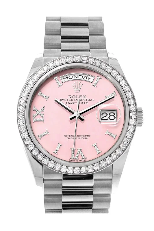 Rolex Day-Date 36 Pink Opal Diamond Dial Diamond Bezel White Gold President Watch 128349RBR