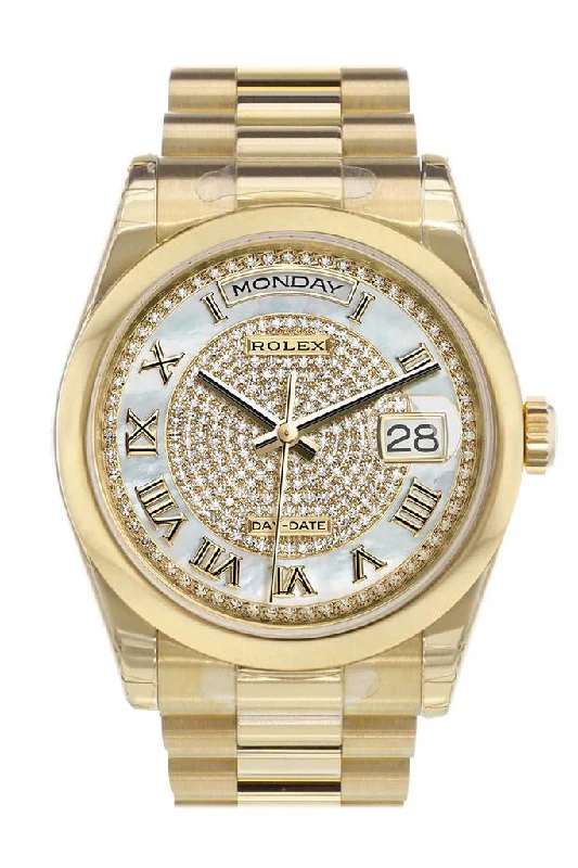 Rolex Day-Date 36 White mother of pearl Diamonds paved Dial President Yellow Gold Watch 118208