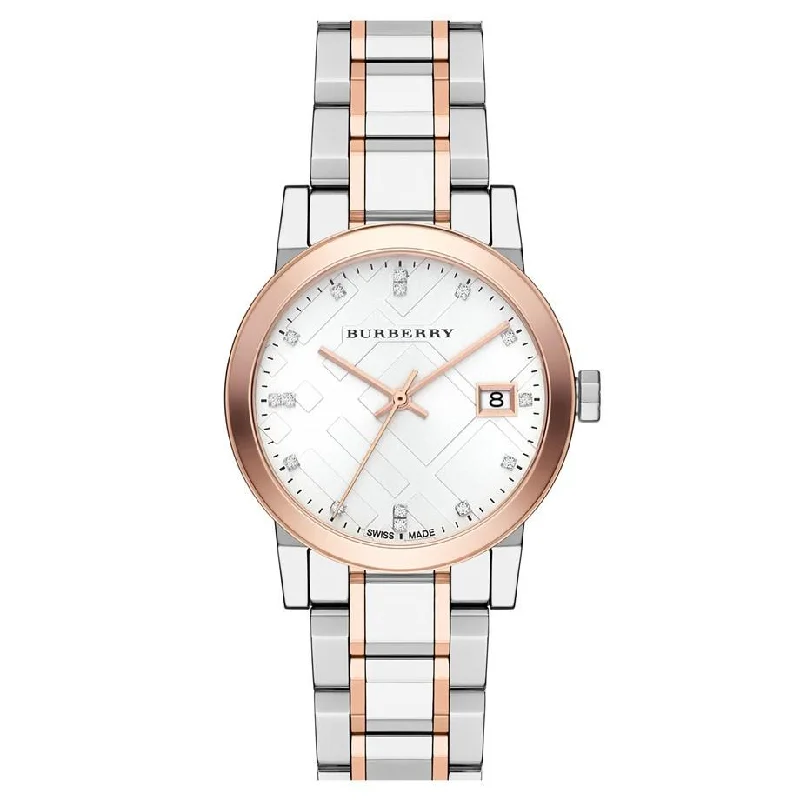 Burberry Ladies Watch Diamond Check Stamped 34mm Two Tone Rose Gold BU9127