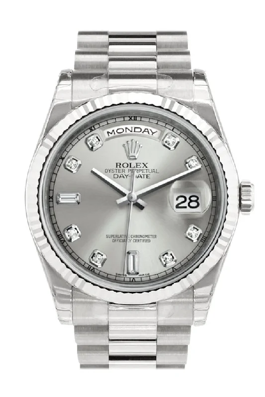 Rolex Day-Date 36 Silver set with Diamonds Dial Fluted Bezel President White Gold Watch 118239