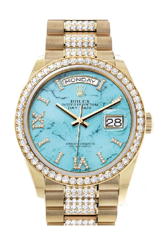 Rolex Day-Date 36 Dark Turquoise Diamond Dial Gold Diamond Bezel Watch 128348RBR-0038 128348RBR