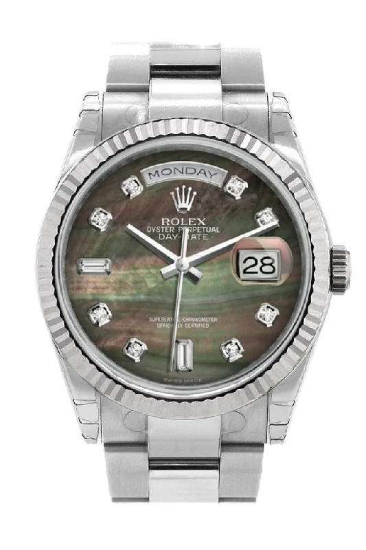 Rolex Day-Date 36 Black mother-of-pearl set with Diamonds Dial Fluted Bezel Oyster White Gold Watch 118239